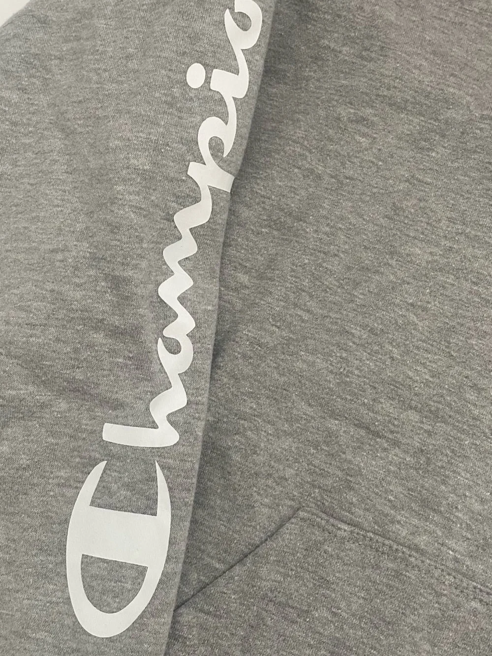 Champion Men’s Gray Crewneck Hoodie with Script Sleeve Logo